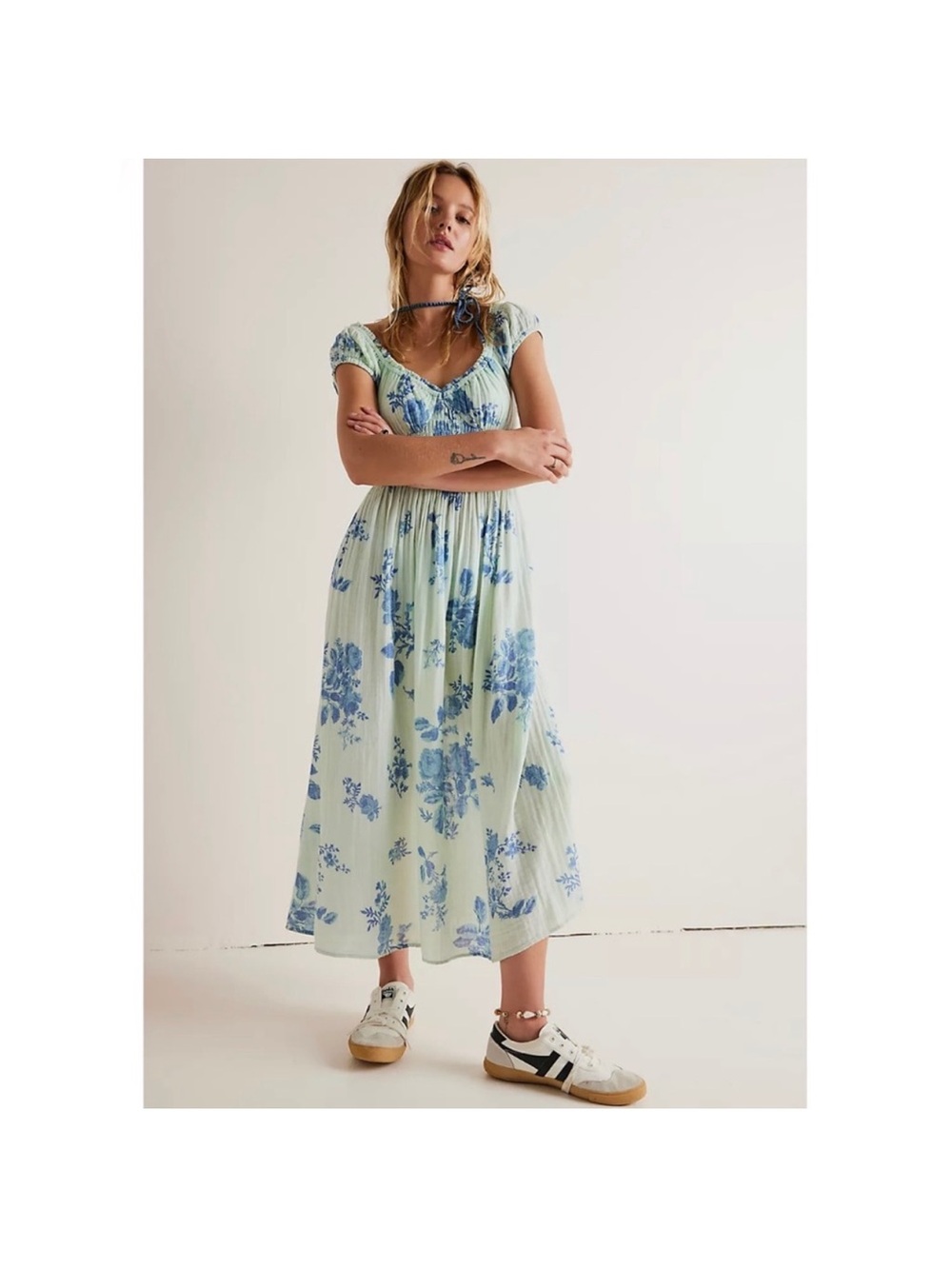 NWT FREE PEOPLE Small Forget Me Not Lemon Combo Cameo Blue Maxi Dress